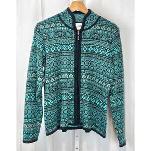 ALPACA IMPORTS Full Zip Fair Isle Stripe Sweater Hand Knit Peru Blue Green M